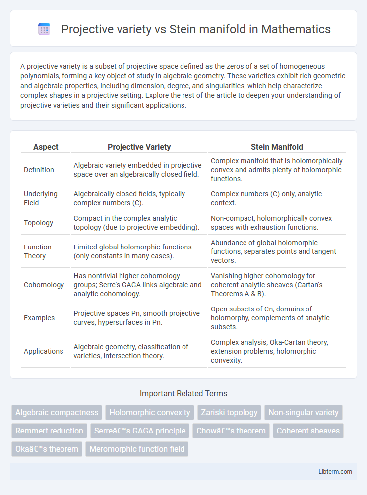 Stein manifold vs Projective variety in Mathematics - What is The Difference?