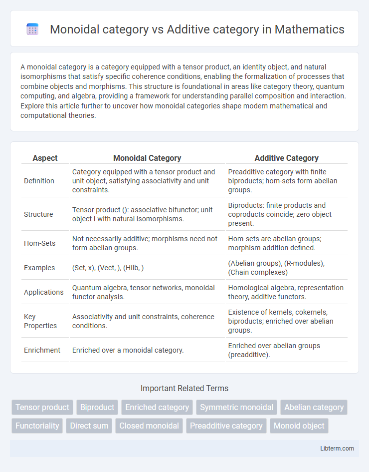 Additive category vs Monoidal category in Mathematics - What is The Difference?