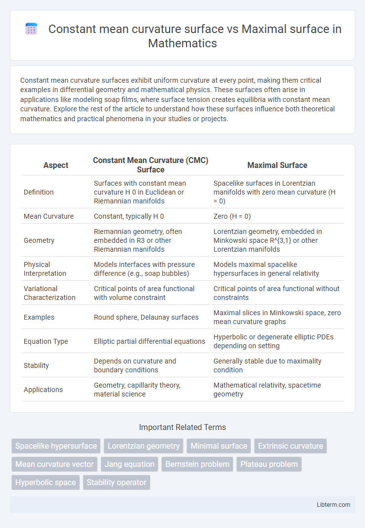 Maximal surface vs Constant mean curvature surface in Mathematics - What is The Difference?