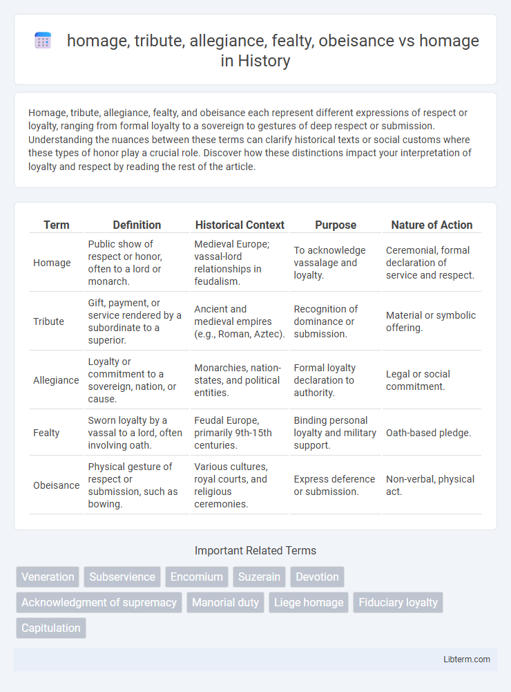 homage vs homage, tribute, allegiance, fealty, obeisance in History - What is The Difference?