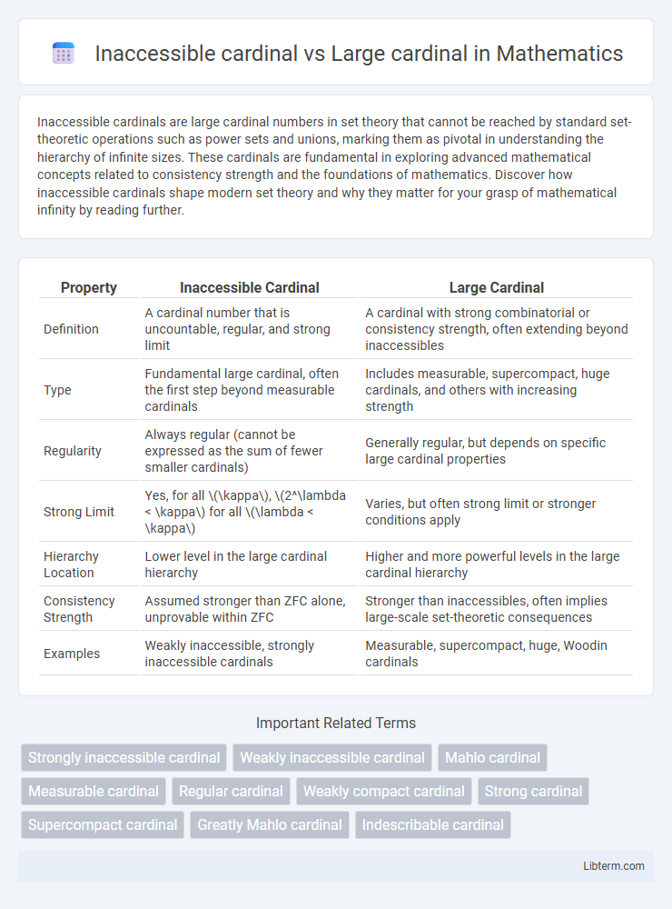 Large cardinal vs Inaccessible cardinal in Mathematics - What is The Difference?