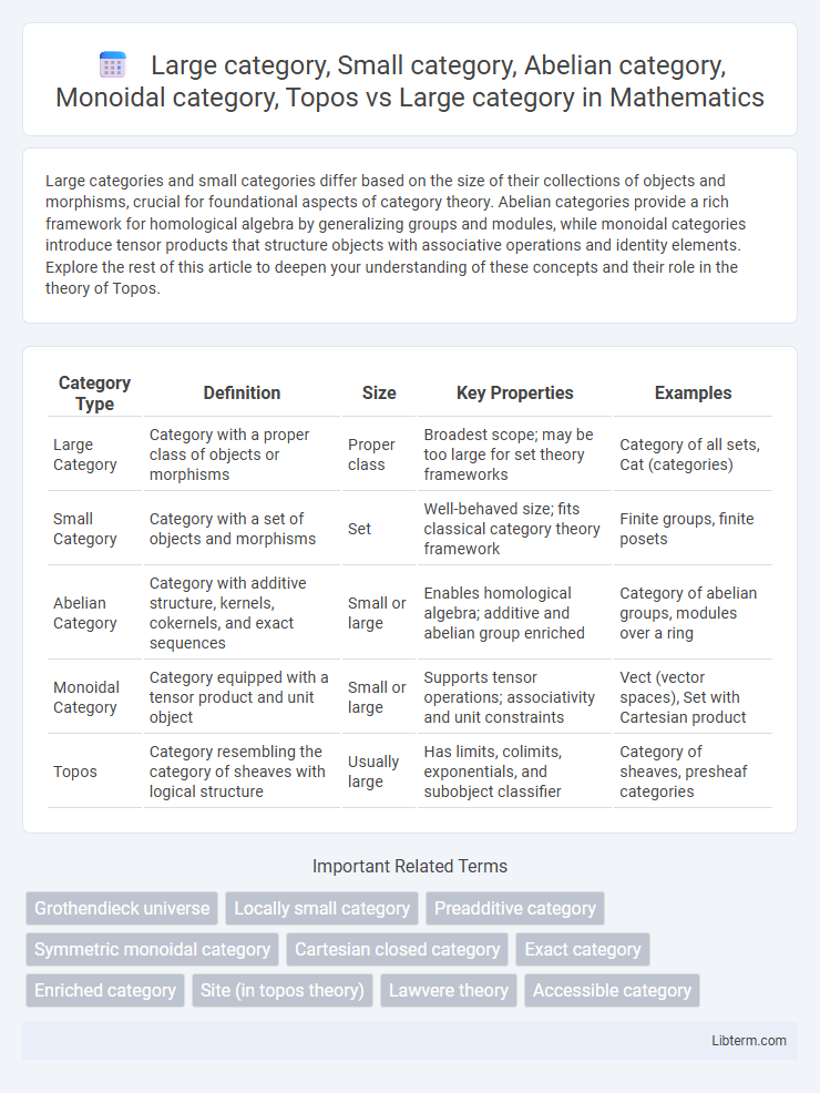 Large category vs Large category, Small category, Abelian category, Monoidal category, Topos in Mathematics - What is The Difference?